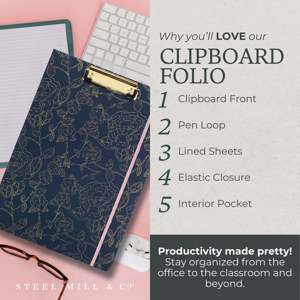 Steel Mill & Co Cute Clipboard Folio with Refillable Lined Notepad and Interior Storage Pocket, Black and White Padfolio for Work, Black Dots
