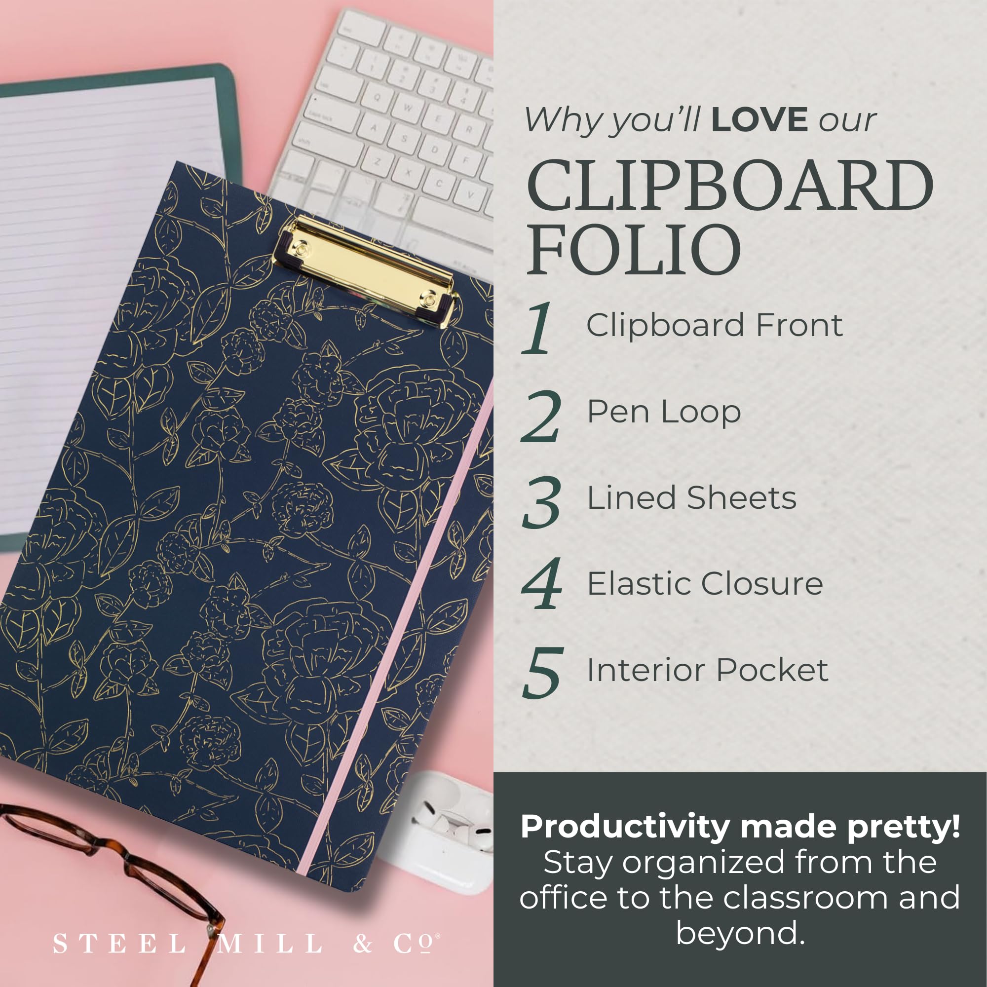 Steel Mill & Co Cute Clipboard Folio with Refillable Lined Notepad and Interior Storage Pocket, Black and White Padfolio for Work, Black Dots