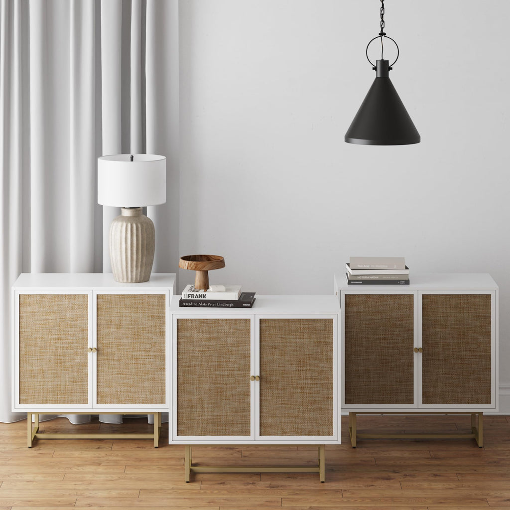 Nathan James Kova Rattan Wood Accent Sideboard Storage Cabinet with Matte Metal Frame, Adjustable Interior Shelves and Cane Doors, for Hallway, Entryway or Living Room, Black Oak/Cane