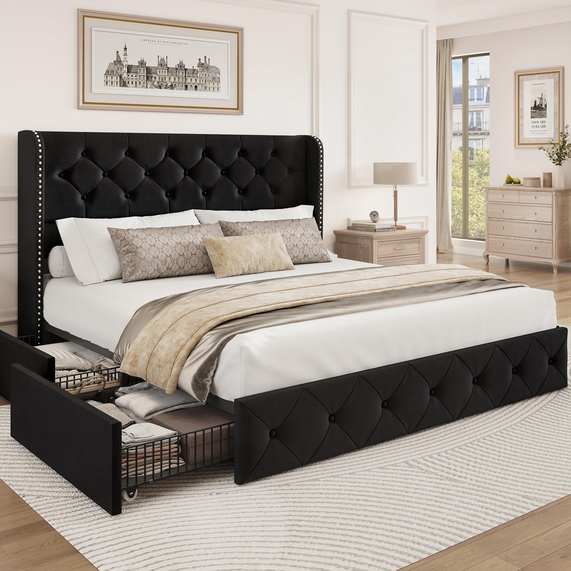BRELTAM Full Size Bed Frame with Storage Drawers and Wingback Headboard Linen Upholstered Platform Bed Frame Tufted Beds with Heavy Duty Wood Slats, Noise Free, Easy Assembly, Beige