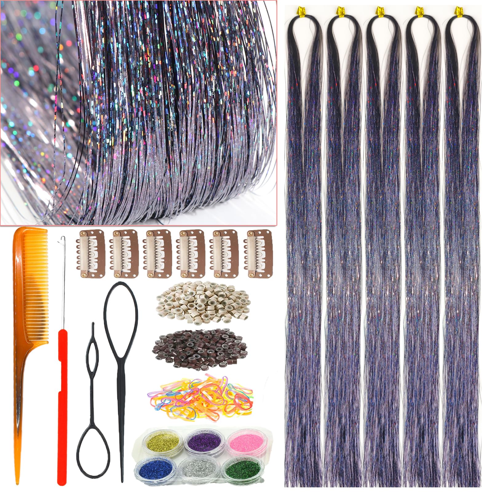 Celinebella Bubblegum Pink Hair Tinsel, 48" 1250 Strands Bright Shimmer | Vibrant hot pink bubblegum tone, youthful energetic, heat resistant, great for prom concerts birthday parties events