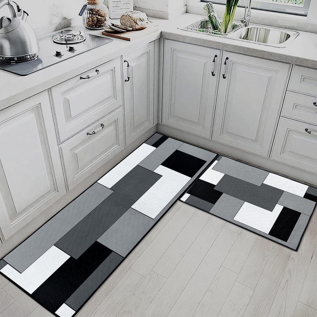 Blue Kitchen Rugs and Mats Non Skid Washable Set of 2, Grey White Modern Abstract Mats for Floor, Geometric Painting Runner Rug Graffiti Art Kitchen Decor