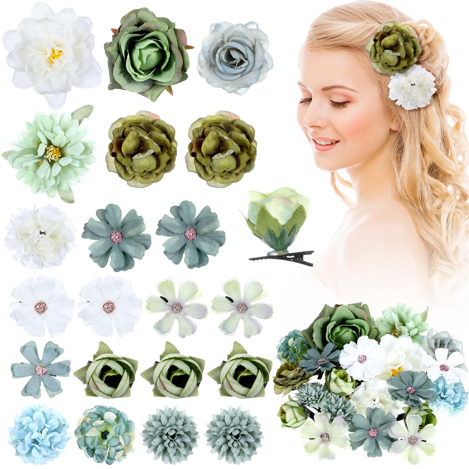 BBTO Flower Hair Clip Rose Hair Clips Barrettes for Women Flower Accessories Boho Bride Claw Clip Hairpin Brooch Pin Headpiece for Wedding(Beige Orange Series,21 Pcs)