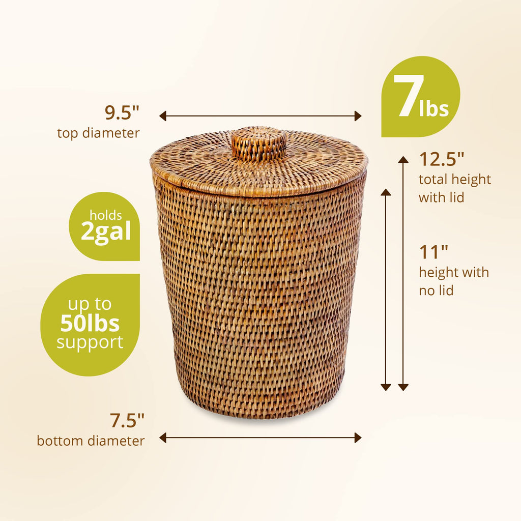 Kouboo La Jolla Rattan Round Waste Basket with Lid & Plastic Insert Black Wash