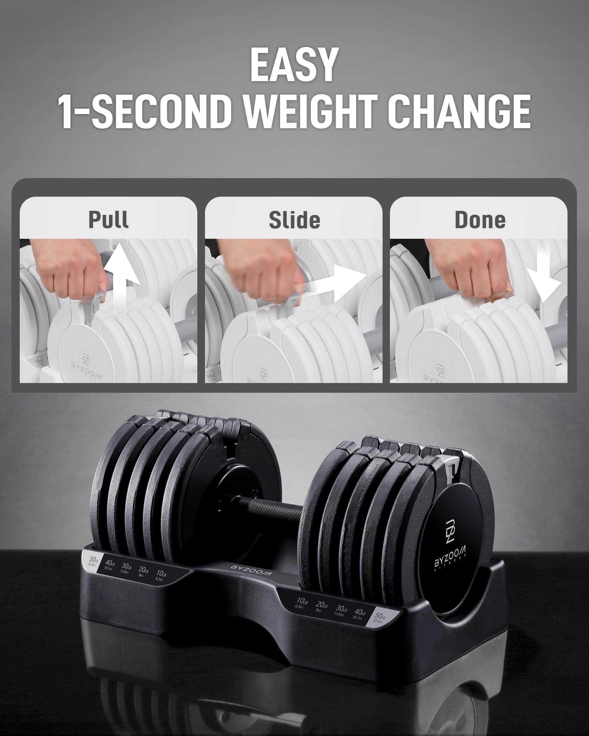 BYZOOM FITNESS Pure Series Adjustable Dumbbell - 12.5/25/27.5/50/55/75lb - ONE UNIT OR PAIR(check QTY before purchase) - 5-in-1/ 10-in-1 / 15-in-1 / 21-in-1 Flexible Hand Weights for Home Apartment Garage Gym, Strength Training & Fitness Workouts, White O