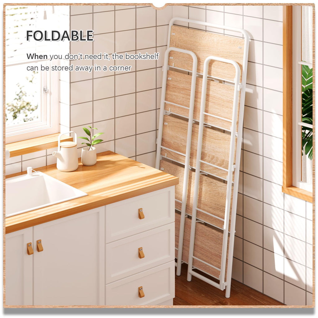 4NM No Assembly Folding Bookshelf, 3 Tiers Collapsible Book Shelves Open Industrial Foldable Storage Bookcase Shelf for Bedroom, Living Room, Home Office - Natural and White