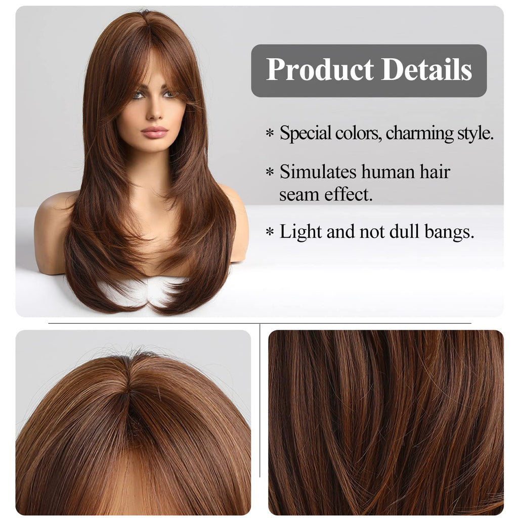HAIRCUBE Auburn Wigs for Women,Long Layered Orange Wigs with Bangs Heat Resistant Synthetic Fibre Wigs(pelucas de cabello natural)