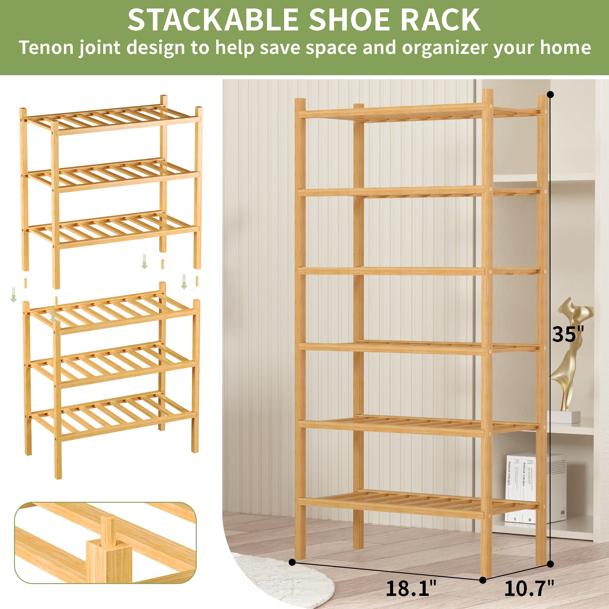 ROMGUAR CRAFT 2-Tier Bamboo Long Shoe Rack, Free Standing Wood Shoe Shelf Storage Organizer for Closet Entryway Stackable 35"x11"x13" (Black)