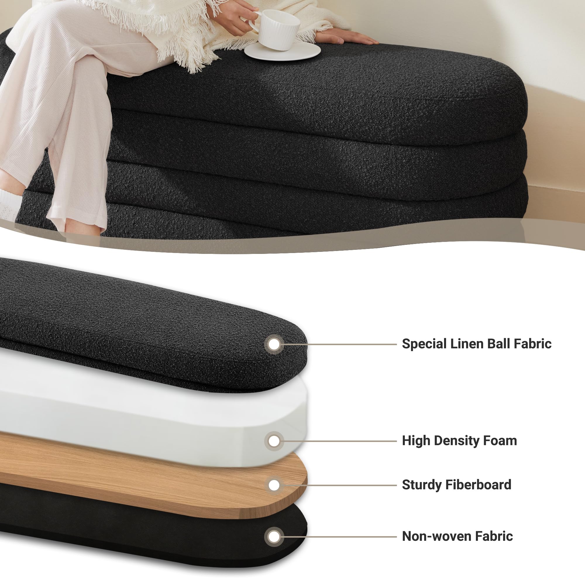 Busaurus Storage Ottoman Bench 49.2 Inch Upholstered Fabric Storage Bench for Bedroom End of Bed Aesthetic Large Oval Ottoman for Living Room Entryway (Black)
