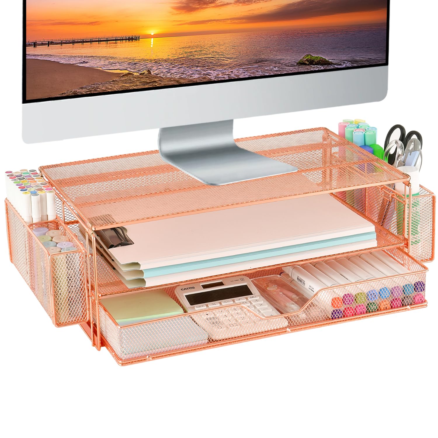 AUPSEN 2 Tier Computer Monitor Stands with Drawer and 2 Pencil Holder, Metal Monitor Stand Monitor riser, Computer Desk Organizer and Accessories for Laptop, Computer, Printer, Office Supplies(Black)