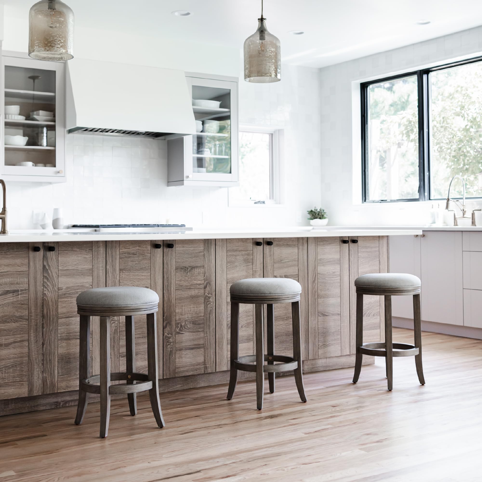 Maven Lane Eva Counter Stool 26 Inches – Round Swivel Stool with Footrest – Grey Solid Wood and Grey Fabric Upholstery – Perfect for Kitchen Islands and Counters
