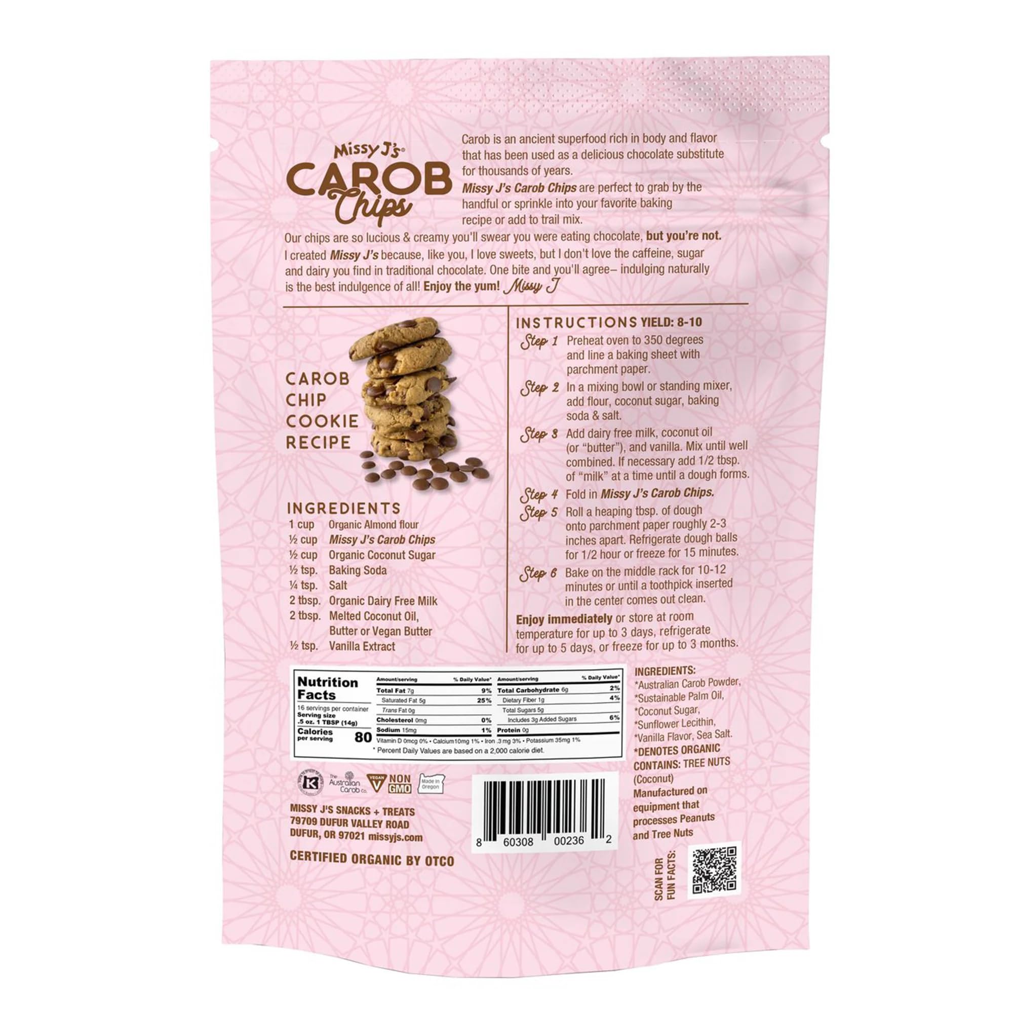 Missy J's Organic Carob Chips 8 Ounce 1 Pack | Carob Made w/Coconut Sugar, Vegan and Gluten-Free | Healthy Caffeine Free Substitute for Chocolate, Perfect for Snacks and Treats