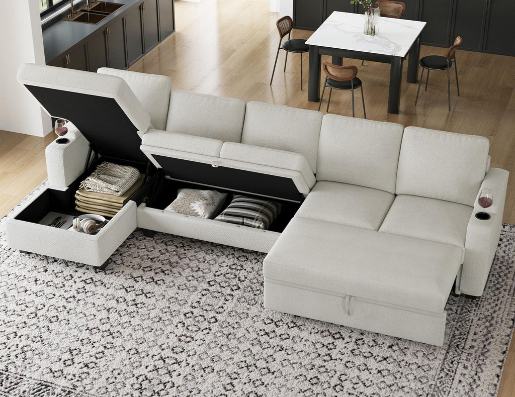Belffin Modular Sectional Sleeper Sofa Bed with Storage Chaise L Shaped Sectional Couches for Living Room Armrest with Cup Holder. White Couch