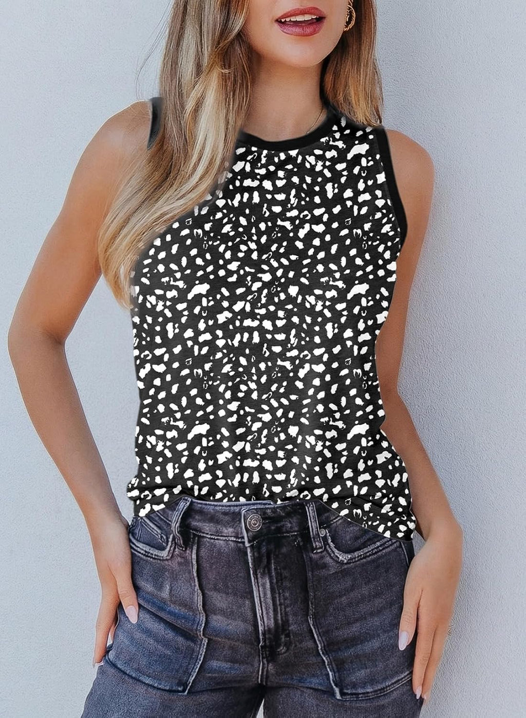 Dokotoo Womens Leopard Print Tank Tops Crewneck Sleeveless Summer Casual T-Shirts Blouses