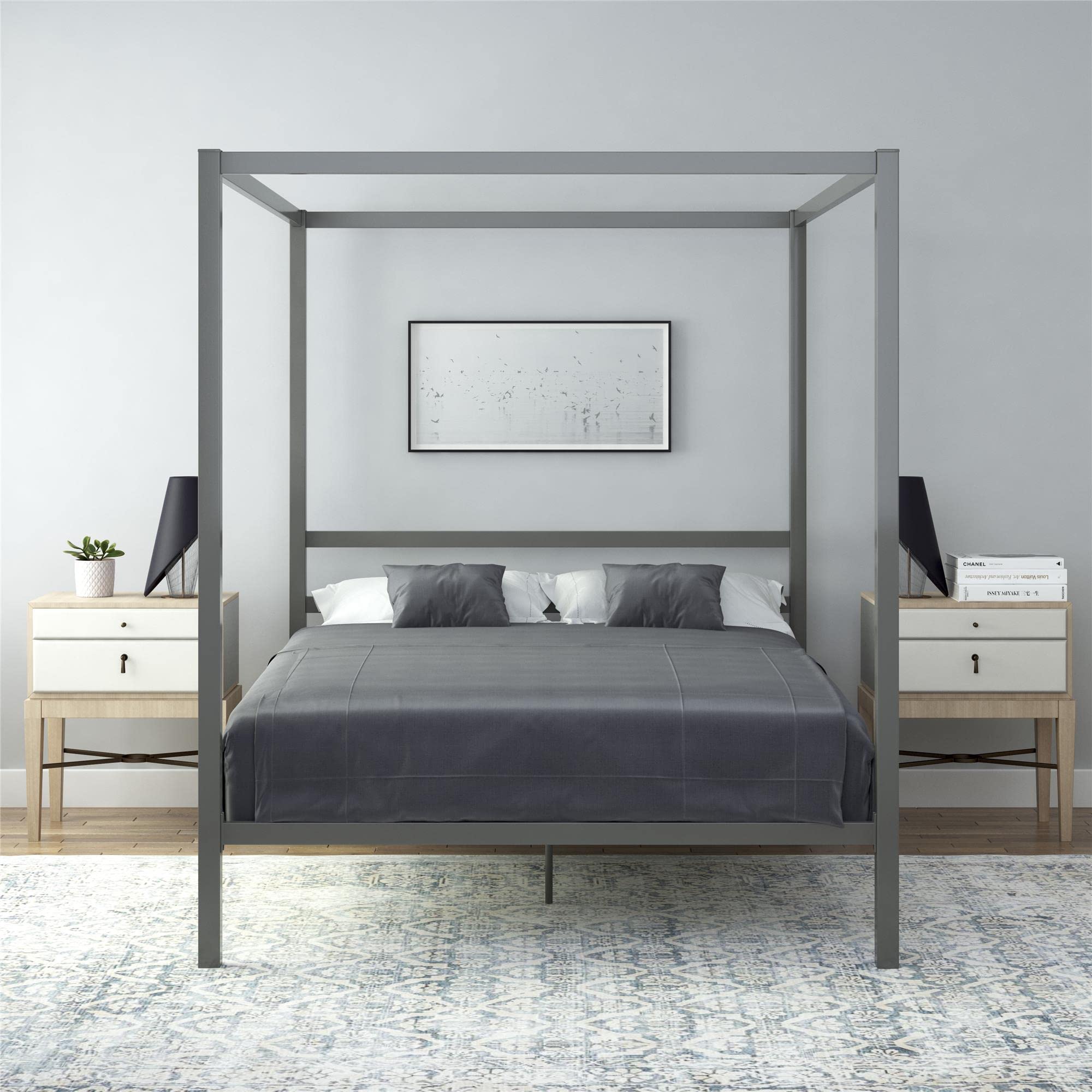 DHP King Metal Canopy Bed, Modern Design with Built-In Headboard, Sturdy Frame, No Box Spring Needed, Gunmetal Gray