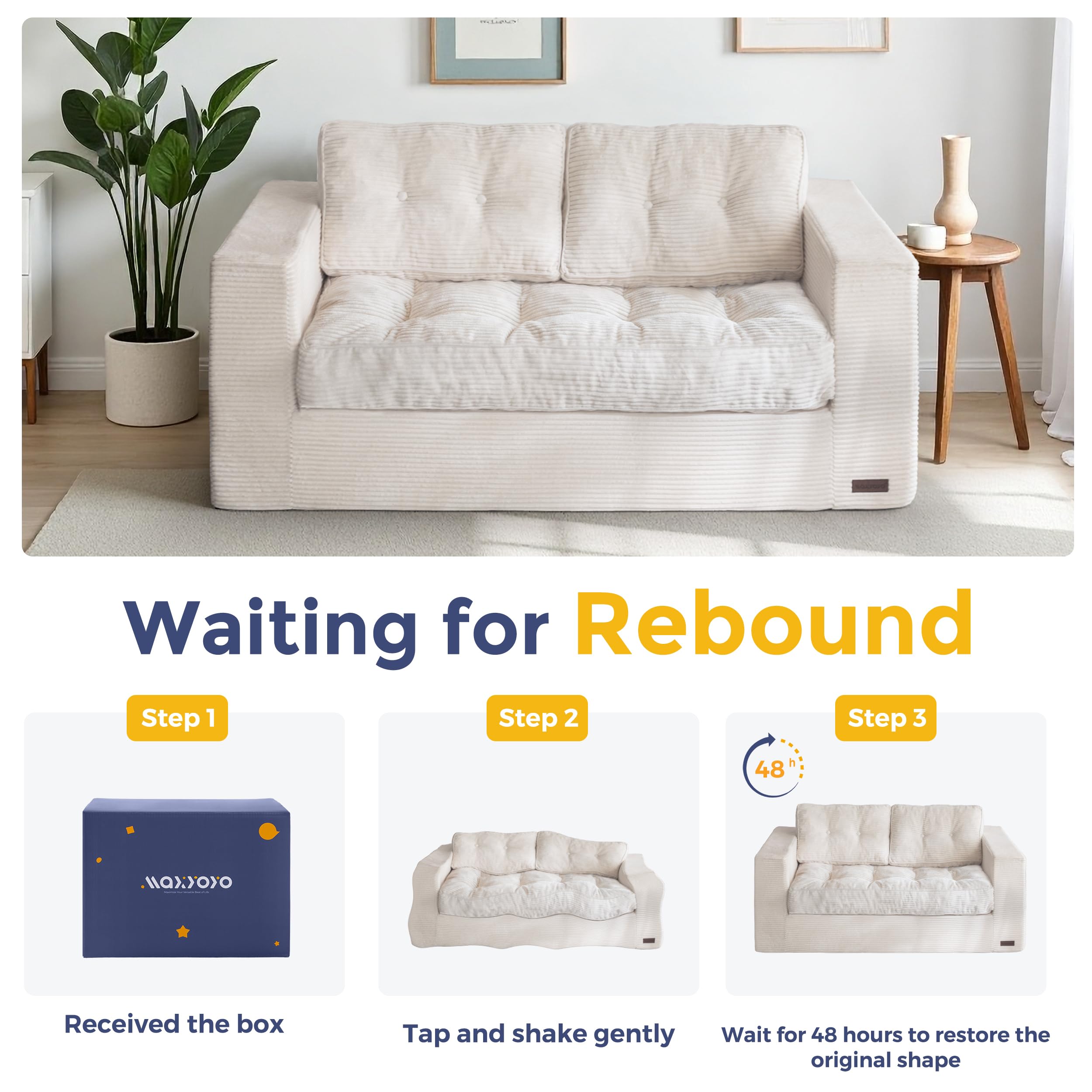 MAXYOYO 3 Seater Sofa Couch for Living Room, Tufted Boneless Couch Sofa Couch, Comfy Bubbled Bean Bag Chair for Apartment, No Assembly Needed, Beige