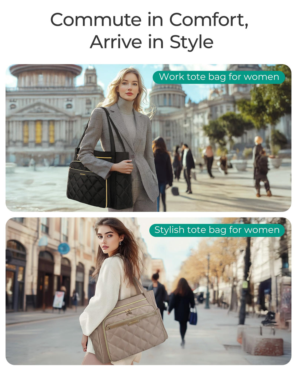 BAGSMART Teacher Tote Bag for Women 15.6in Quilted with Insulated Pocket & Nurse Bag Features (Black)