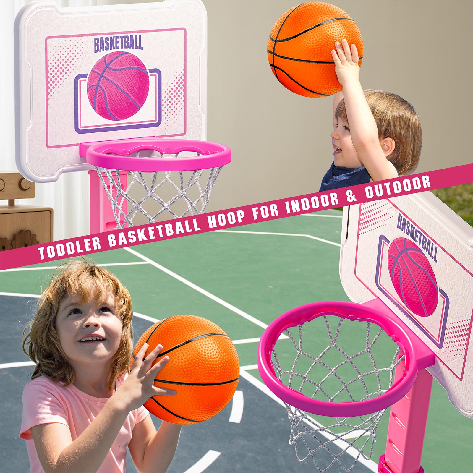 Toddler Basketball Hoop Indoor for Age 1-3, Height Adjustable Poolside Basketball Hoop with 3 Balls for Outdoor Game, Basketball Goal Sport Toys Birthday for Boys Girls 1 2 3 Year