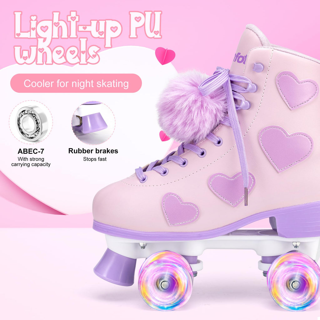 Ruthfot Women's and Girl's Classic Roller Skates with Light up Wheels and Love Heart Pattern, High-top PU Leather Rollerskates…