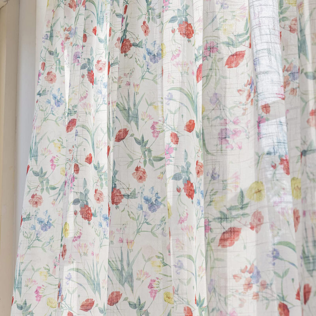 SUOUO Blue Leaf Semi Sheer White Curtains for Bedroom Dining Living Room Linen Textured 84 inches Long Rod Pocket Boho Window Drapes 2 Panels