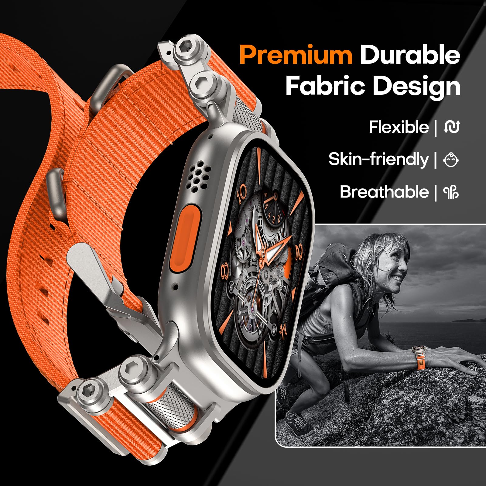 TAURI Nylon for Apple Watch Bands SE/Series 9/8/7/6/5/4 44/45mm, Rugged Nylon Braided Strap & Stainless Steel Connector – iWatch 44mm/45mm Adjustable Woven Band for Men Women, All Black