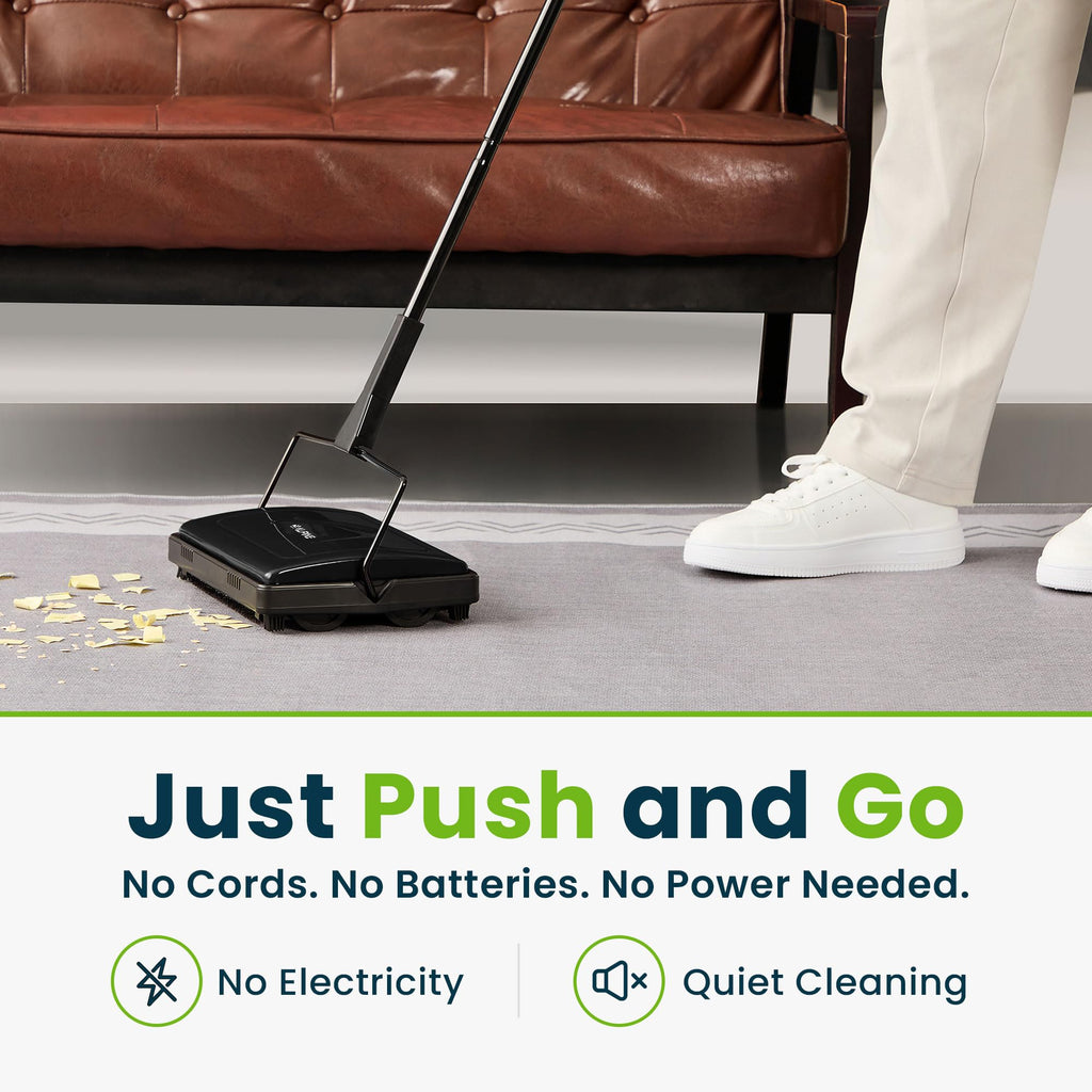 Alpine Manual Carpet Sweeper Triple Brush – Cordless Non Electric Multi-Surface Floor Brush Hardwood Floor Cleaner Easy Sweeping for Carpeted Floors (Improved Black)