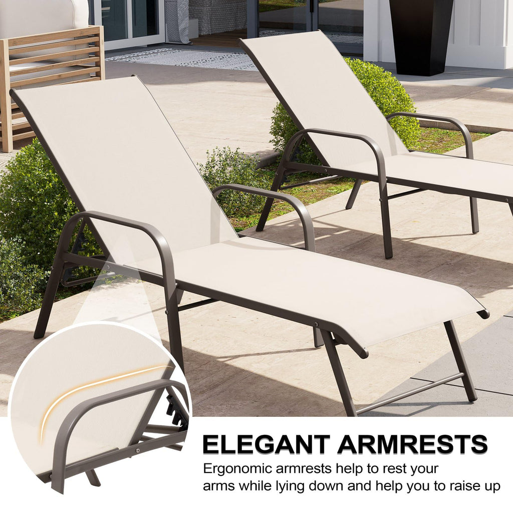 Crestlive Products Chaise Lounge Chair Outdoor with Armrests, Pool Lounge Chairs Set of 2, Aluminum Adjustable 5 Positions Sun Tanning Lounger for Patio, Poolside, Yard, Deck, Backyard (Beige)