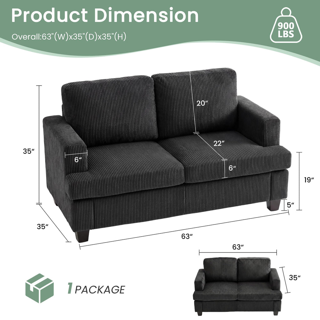 YOUDENOVA 2 Piece Set Comfy Sofa Couch, Loveseat Sofa * 2 with Deep Seats, Modern Sleeper Couch for Living Room, Black Corduroy