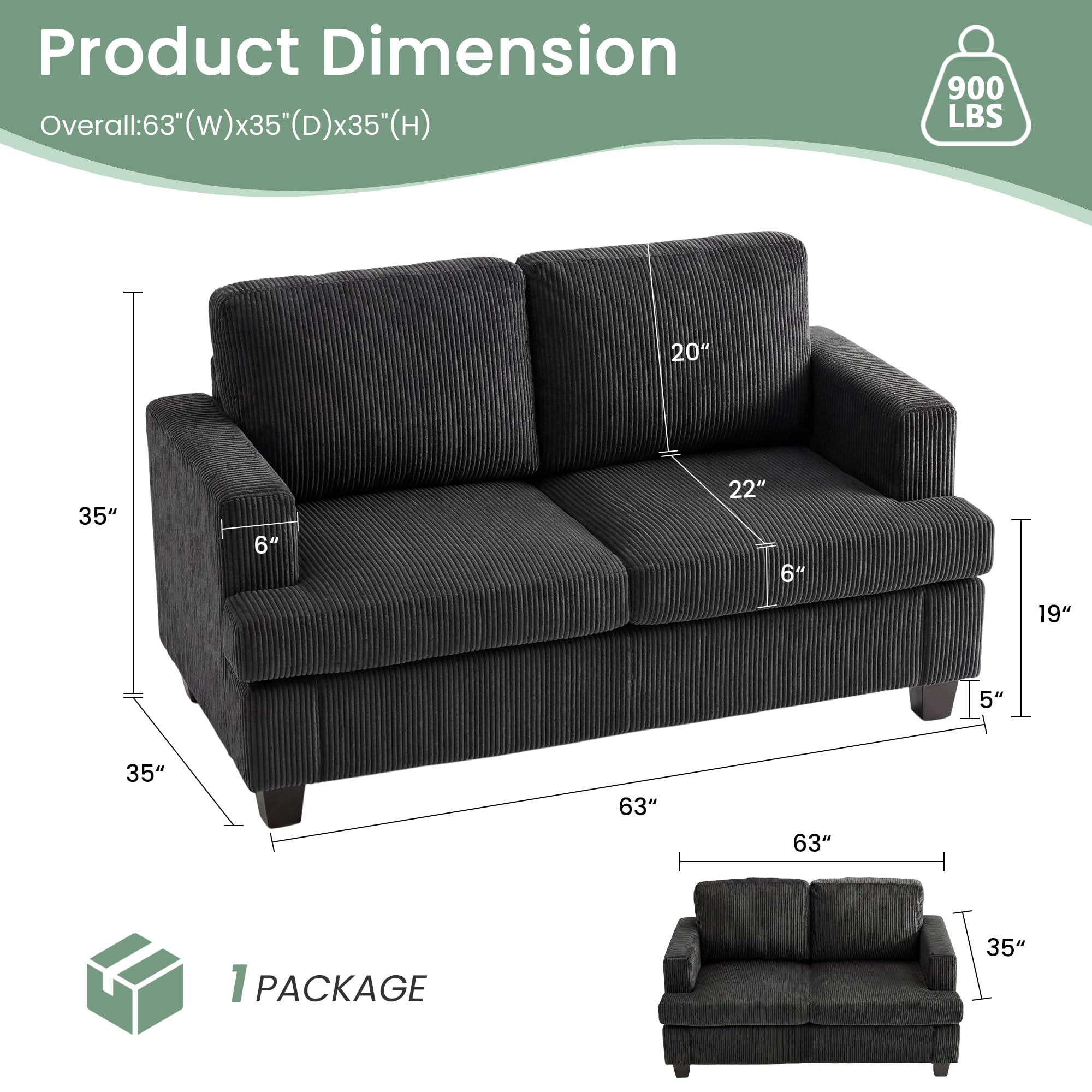 YOUDENOVA 2 Piece Set Comfy Sofa Couch, Loveseat Sofa * 2 with Deep Seats, Modern Sleeper Couch for Living Room, Black Corduroy