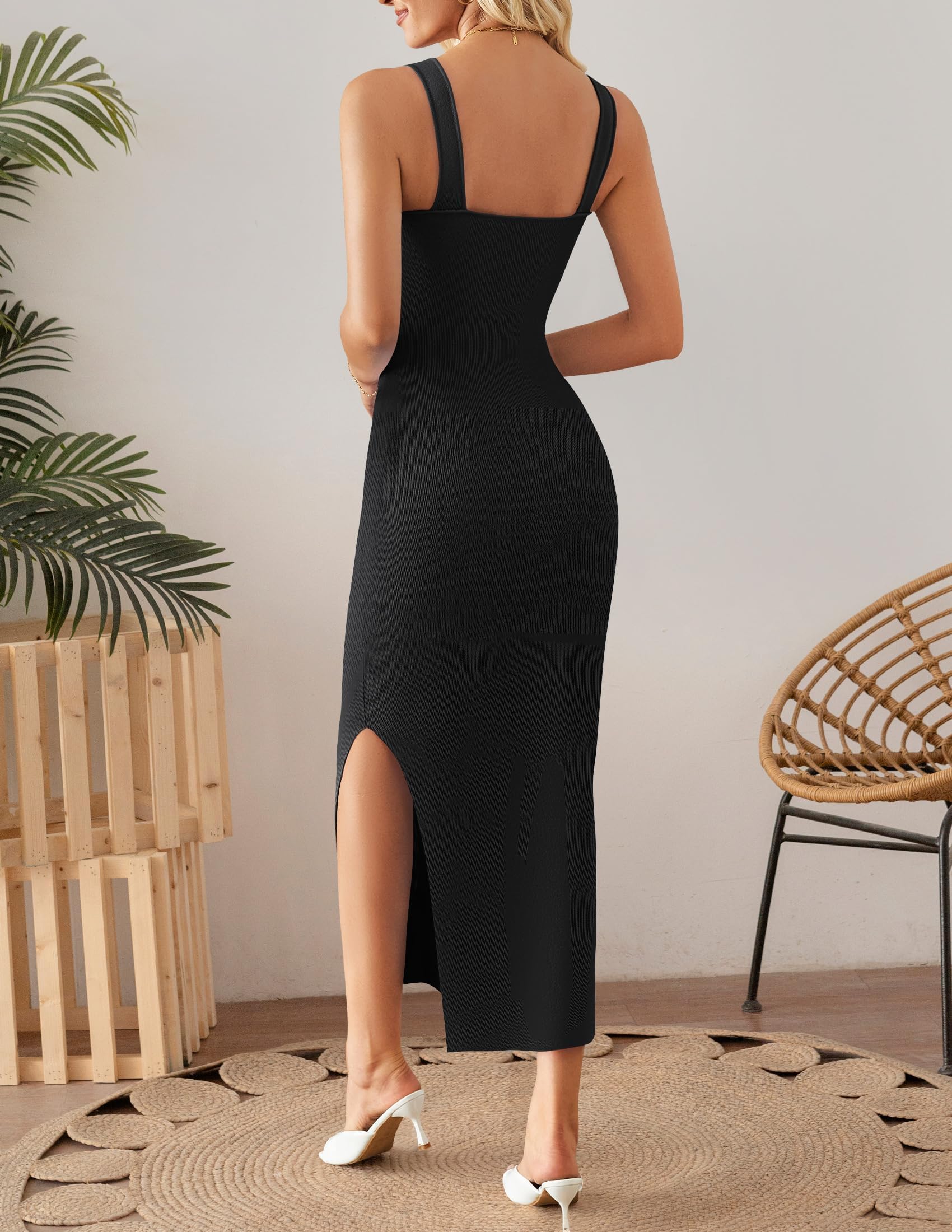 ZESICA Womens 2026 Summer Sleeveless Knit Bodycon Midi Dresses Square Neck Side Slit Beach Vacation Long Sweater Dress