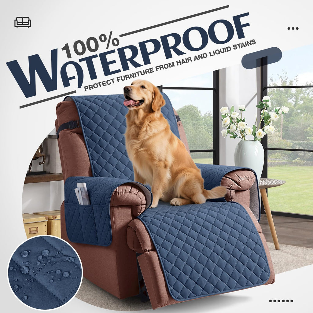 KinCam 100% Waterproof Recliner Chair Cover, Reclining Couch Covers for Pets, Dogs, Recliner Couch Slipcover Furniture Protector with Elastic Straps for Kids(23.6", Beige White)