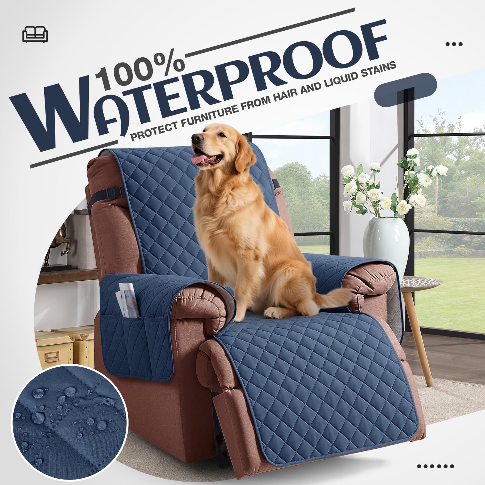 KinCam 100% Waterproof Recliner Chair Cover, Reclining Couch Covers for Pets, Dogs, Recliner Couch Slipcover Furniture Protector with Elastic Straps for Kids(23.6", Beige White)