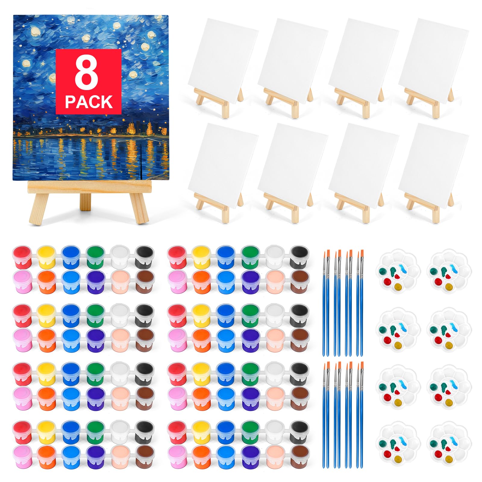 2 Pack 8 * 10In Canvas Boards for Painting, Art Canvas for Drawing with 4 Brushes & 2Paint Trays & 4 Acrylic Paint, Mini Painting Canvas with Easel Set, Painting Kits for Adults Party