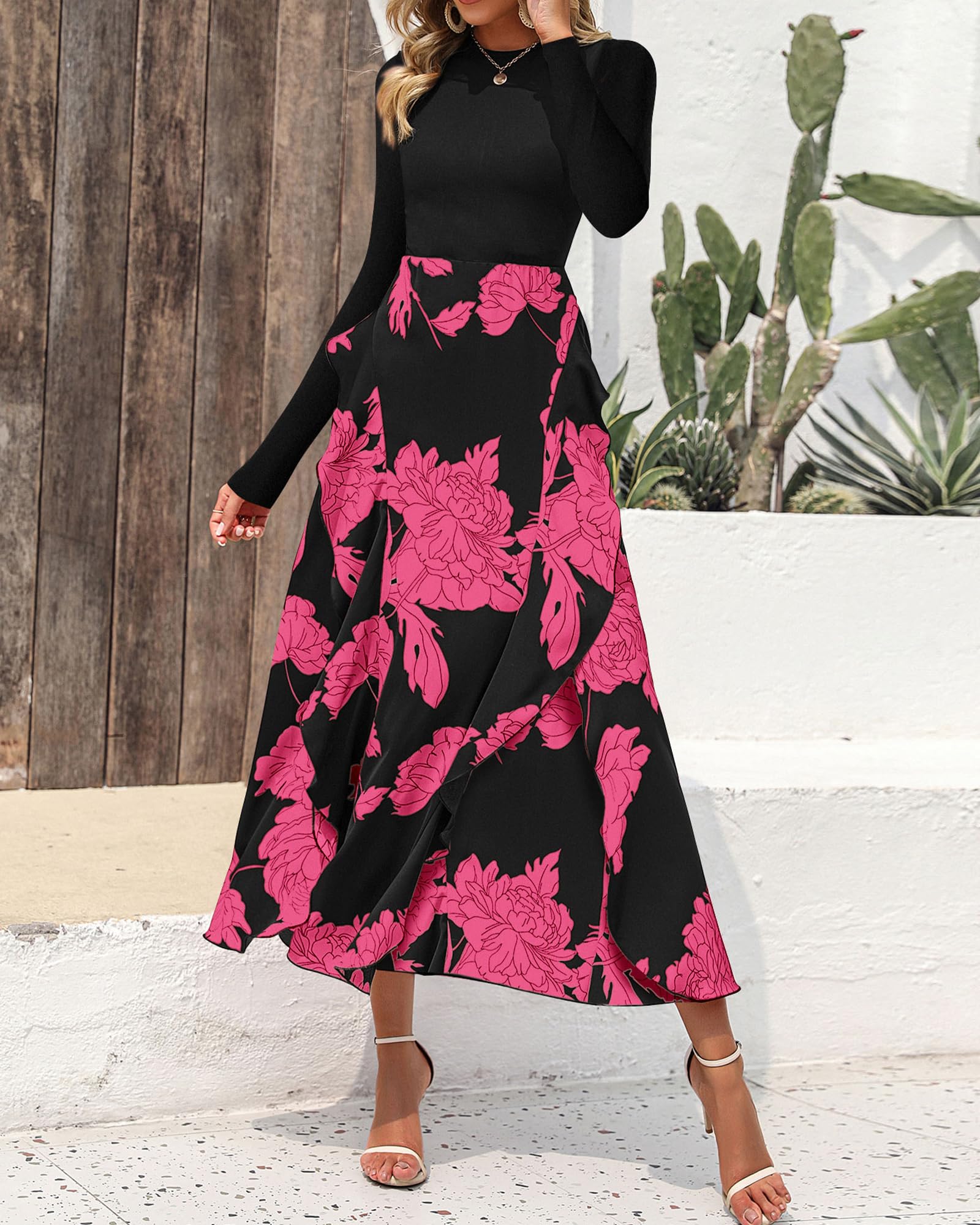 BTFBM Womens Floral Maxi Dress Fall 2025 Casual Crewneck Long Sleeve Ruffle Flowy Cocktail Wedding Guest Dresses