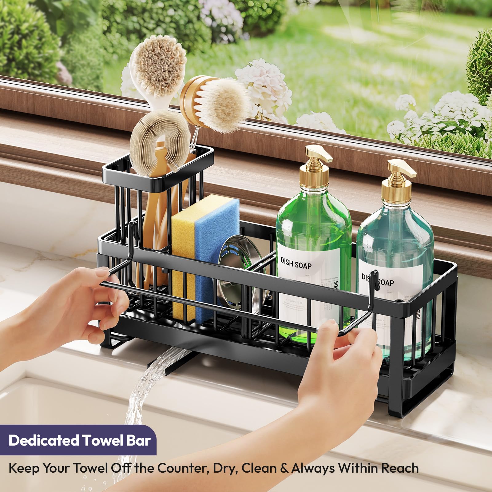 SWTYMIKI Sponge Holder for Kitchen Sink - Sink Caddy with Brush Holder Self-draining Sponge Caddy Organizer with Divider Stainless Steel Kitchen Accessories Storage for Countertop, Black