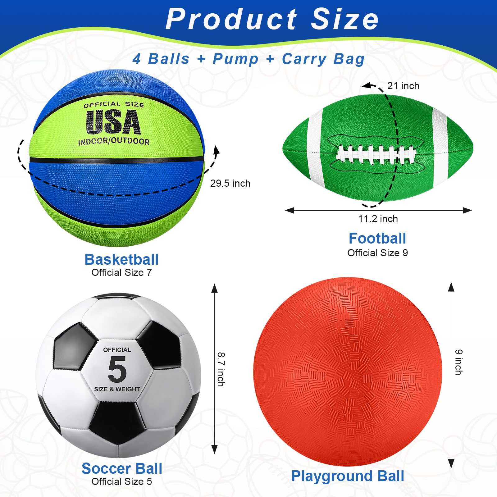 Lenwen 4 Pcs Sports Balls Set for Teen Adult, Include Official Size Basketball Soccer Football Playground Ball Pump Equipment Bag Ball Gifts Back to School