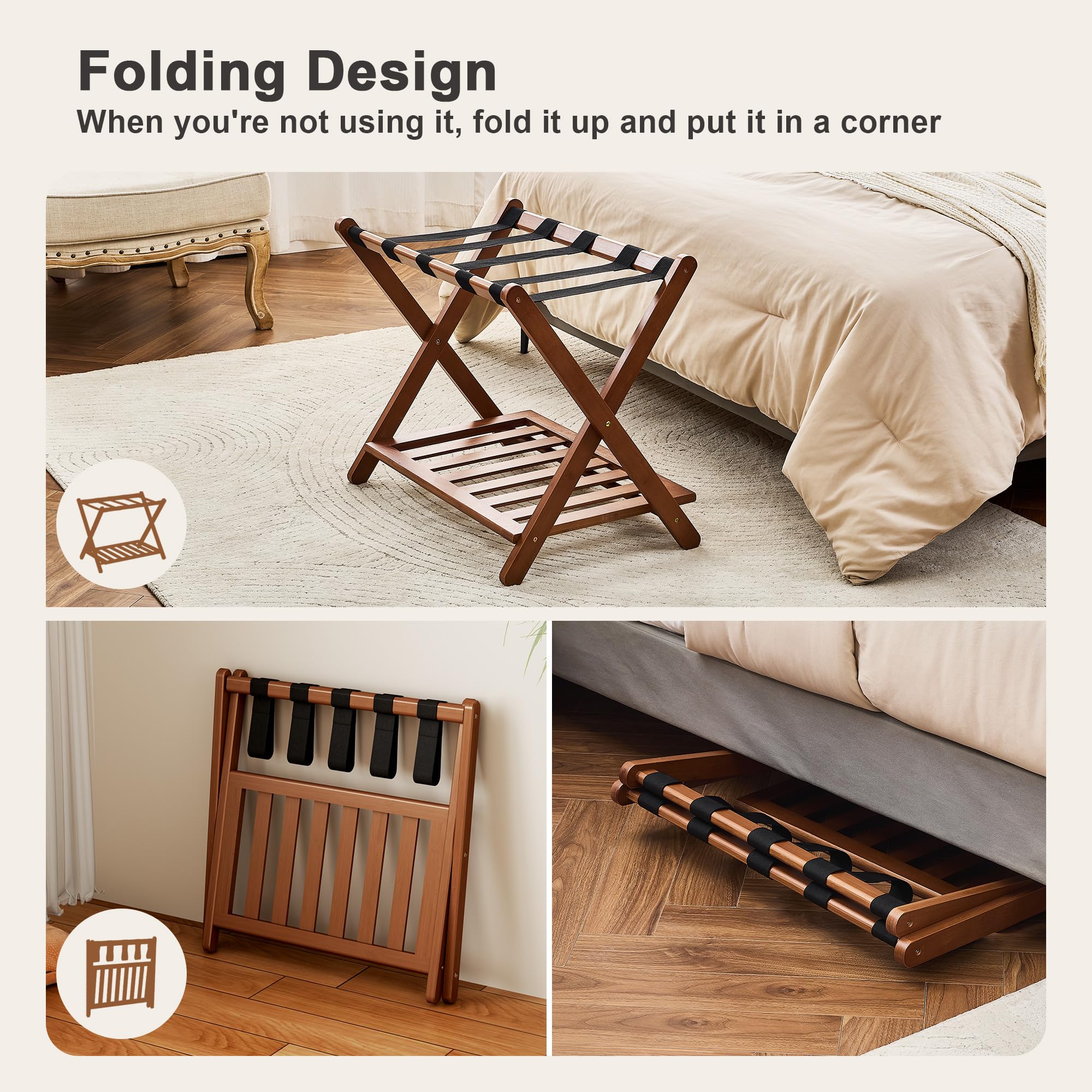 oakvivo Fully Assembled Black Luggage Rack for Guest Room, Bamboo Foldable Suitcase Stand with 5 Nylon Straps, Upgraded Luggage Rack Holder with Shelf for Bedroom Hotel, Holds up to 165 Lbs, 1pcs