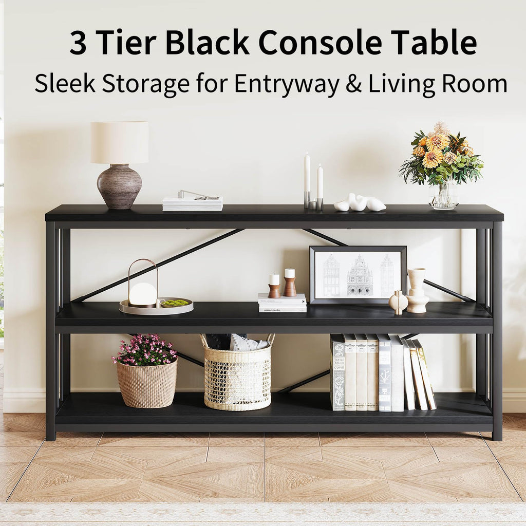 LVB Black Console Table, Modern Entryway Table for Hallway Living Room, Industrial Sofa Table Behind Couch, Farmhouse Wooden Metal Entry Table for Foyer with 3-Tier Storage Shelves, Black Oak, 55 Inch