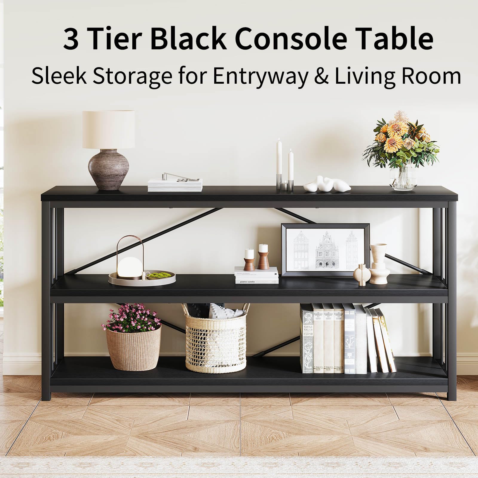 LVB Black Console Table, Modern Entryway Table for Hallway Living Room, Industrial Sofa Table Behind Couch, Farmhouse Wooden Metal Entry Table for Foyer with 3-Tier Storage Shelves, Black Oak, 55 Inch