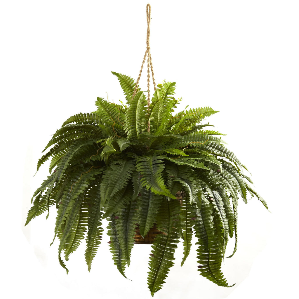 Nearly Natural 6599 18in. Boston Fern Artificial Plant in Hanging Basket, Green,29" x 29" x 18"