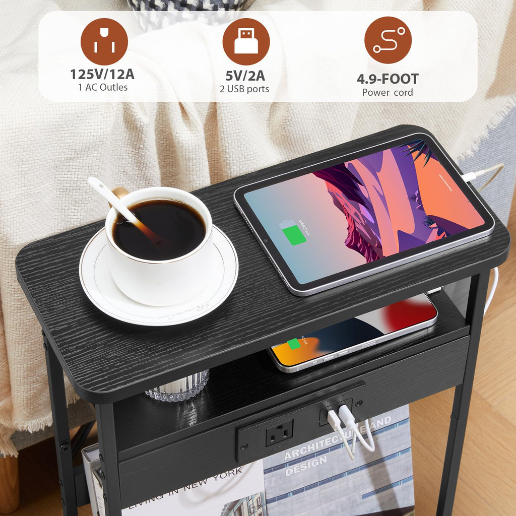 YEAKOO Narrow Side Table with Charging Station, 3-Tier End Table with 2 USB Ports & Power Outlets,Thin Sofa Side Table for Narrow and Small Spaces, Bedside Table Nightstand for Living Room,Black