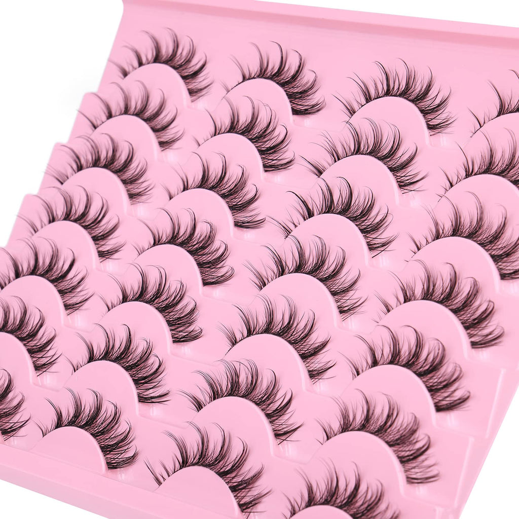False Lashes Natural Look Wispy Eyelashes Manga Korean Spiky 16mm Short Faux Mink Eyelashes Cat Eye Natural Fake Eyelashes Strip Lashes Pack 14 Pairs
