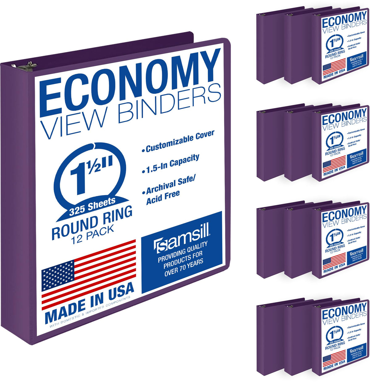 Samsill 1 Inch 3 Ring Binders, Economy Round Ring, Clear View Cover, 200 Sheet Capacity - for School, Home, Office - Blue, 4 Pack