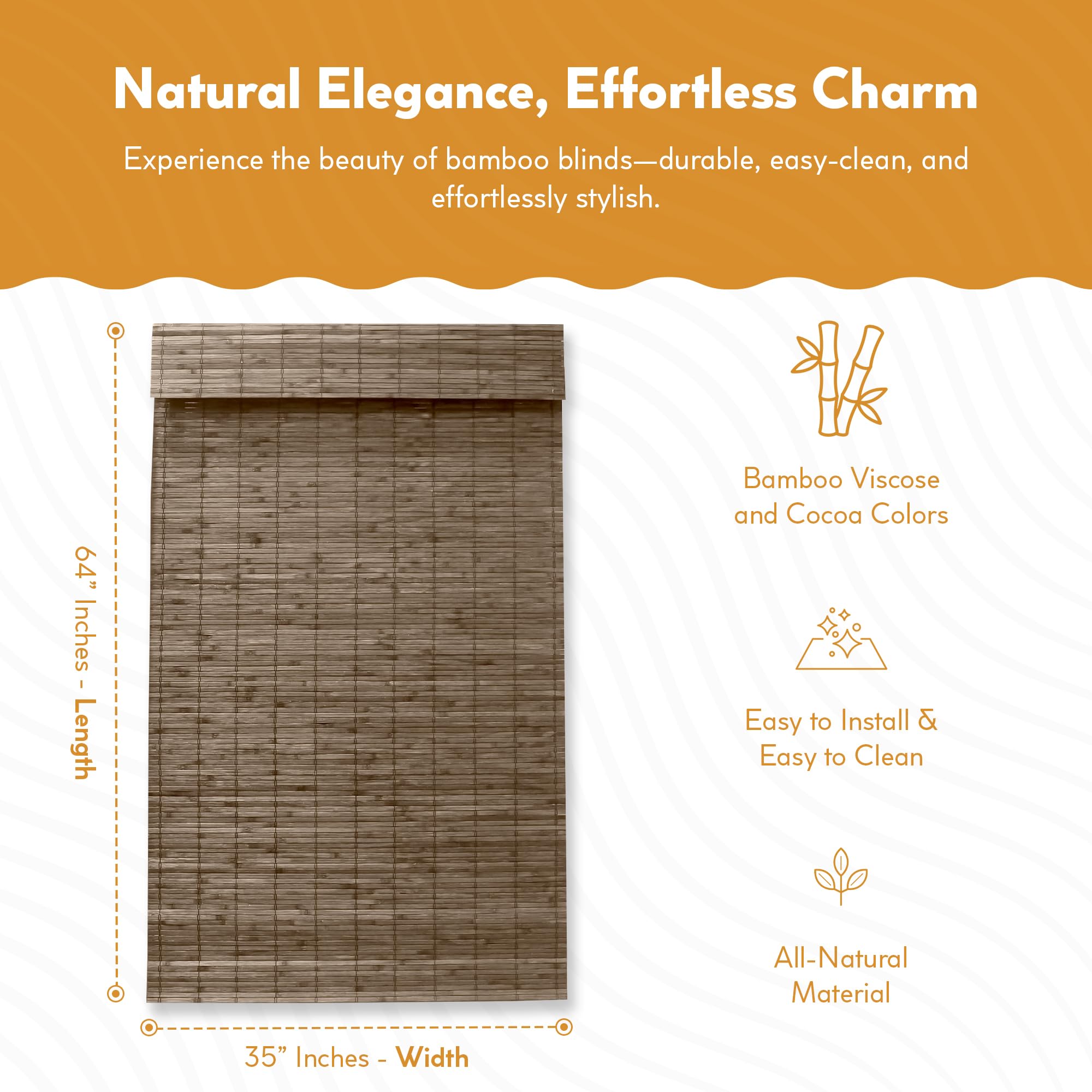 Radiance Cordless Bamboo Roman Shades for Windows - Flatstick Bamboo Blinds for Semi-Private Light Control - Easy to Lift & Fold Up Window Shades - Cocoa - 23 in. W x 64 in. L - (2216300E)