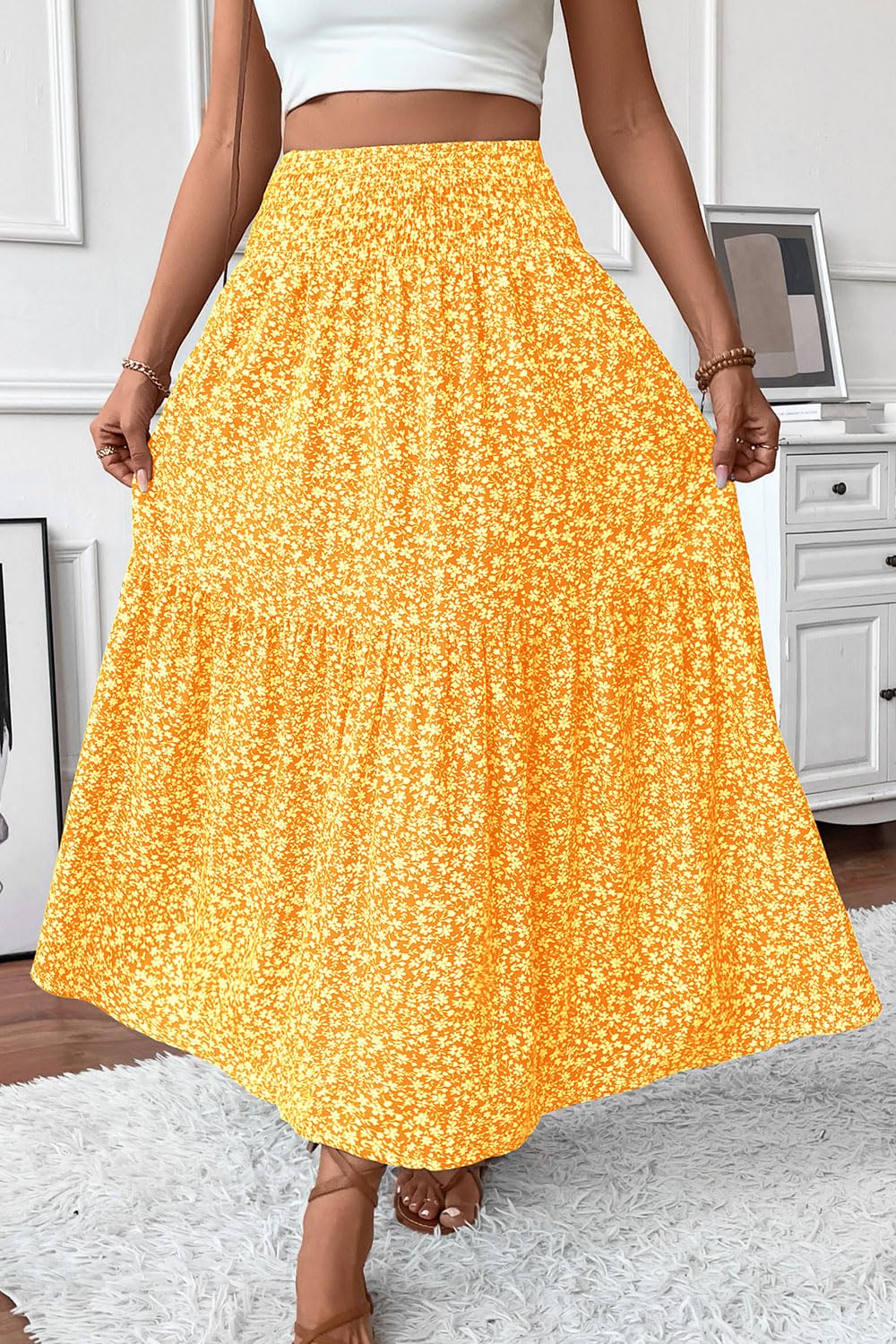Women's Smocked High Waist Maxi Skirt Casual Boho Long Skirts with Pockets