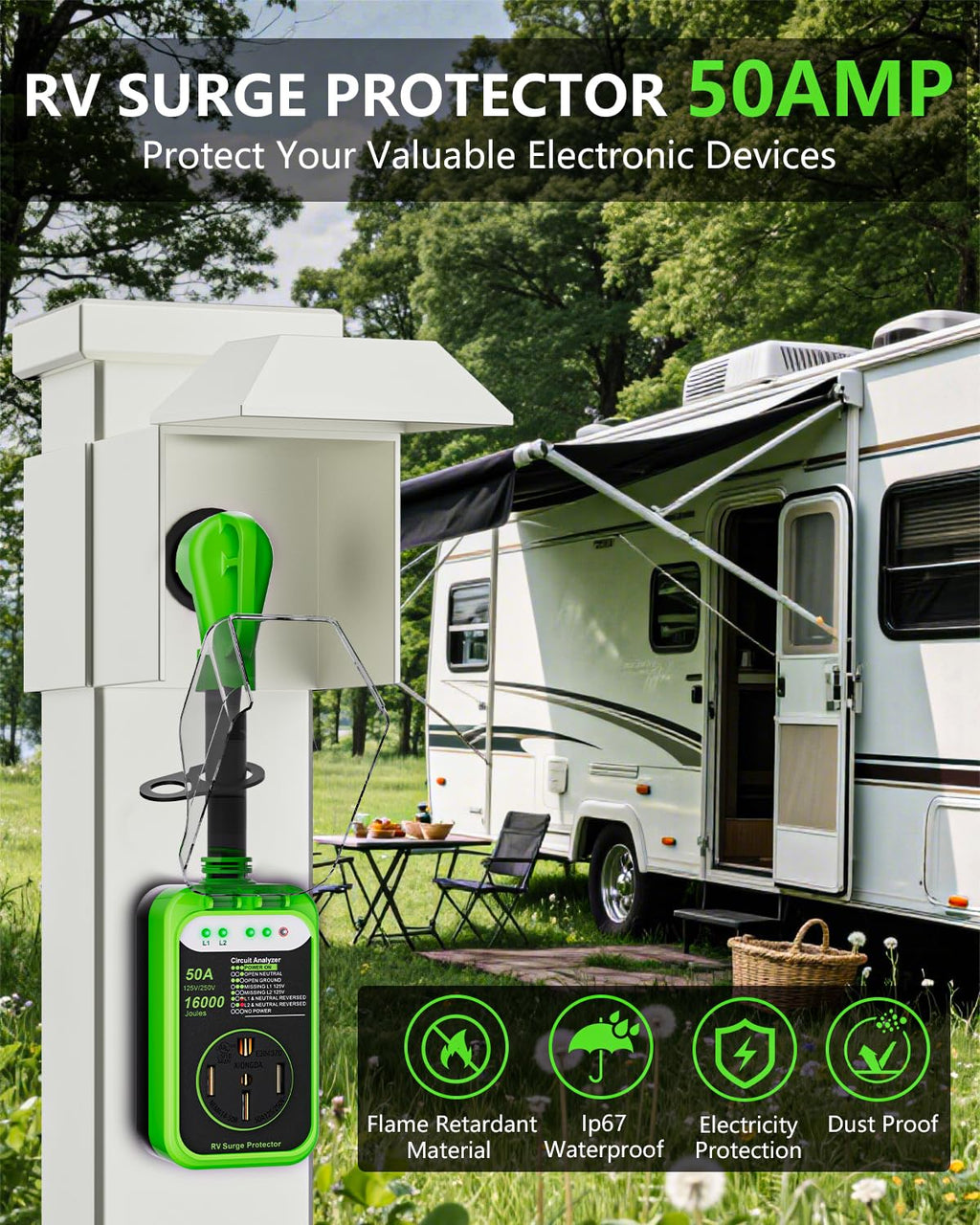RV Surge Protector 30 Amp, 10000 Joules RV Circuit Analyzer with Waterproof Cover,RV Adapter Plug for Camper Travel Trailers (30 AMP)