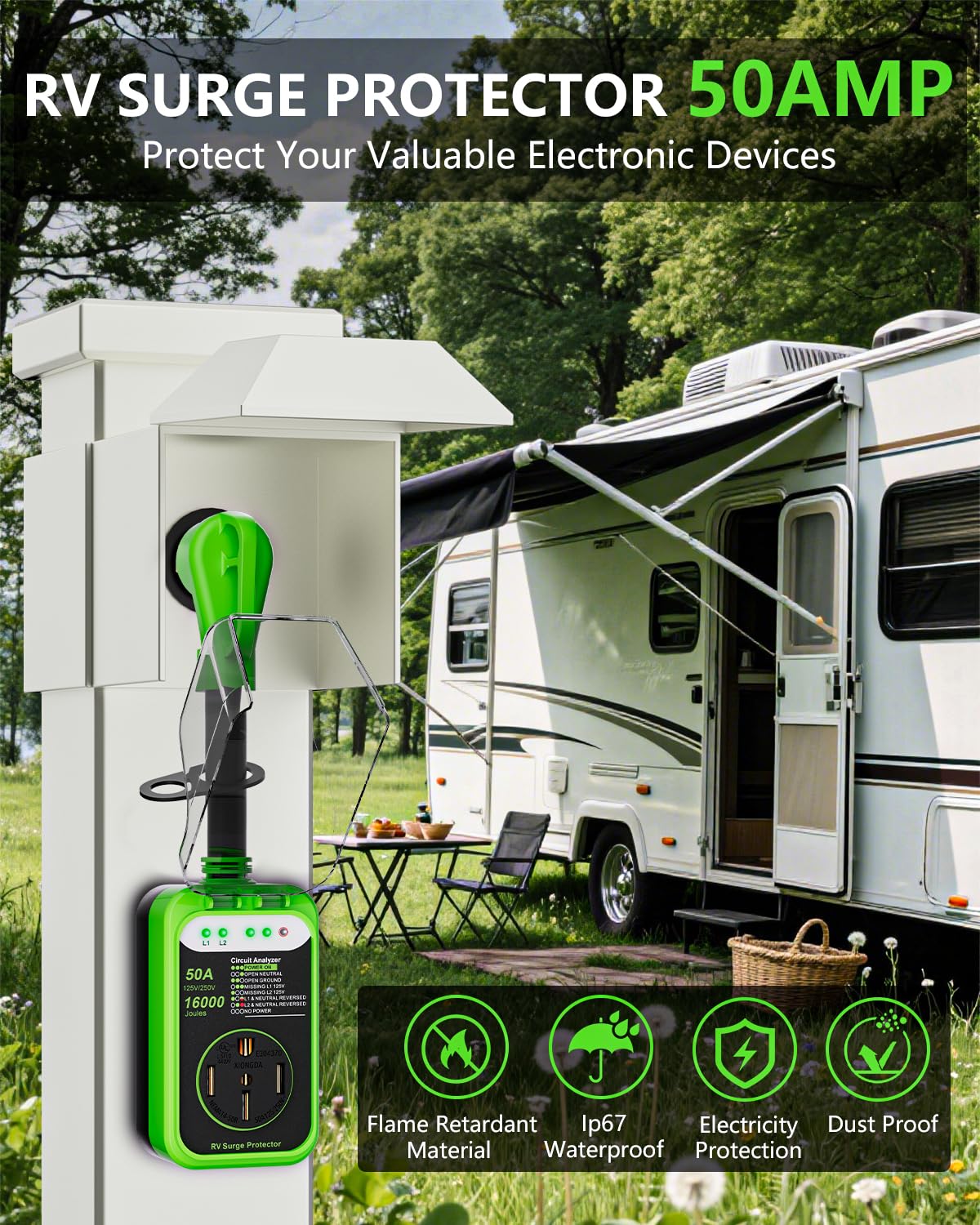 RV Surge Protector 30 Amp, 10000 Joules RV Circuit Analyzer with Waterproof Cover,RV Adapter Plug for Camper Travel Trailers (30 AMP)