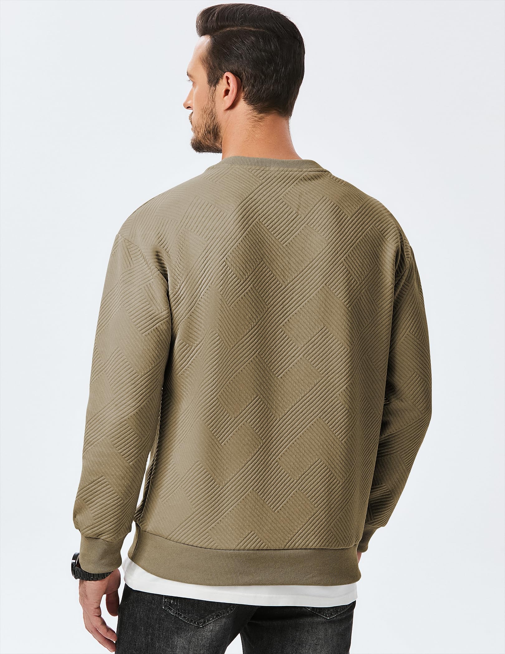 Dokotoo Men Men's Crewneck Sweatshirts Soild Color Geometric Texture Long Sleeve Casual Pullover Shirt