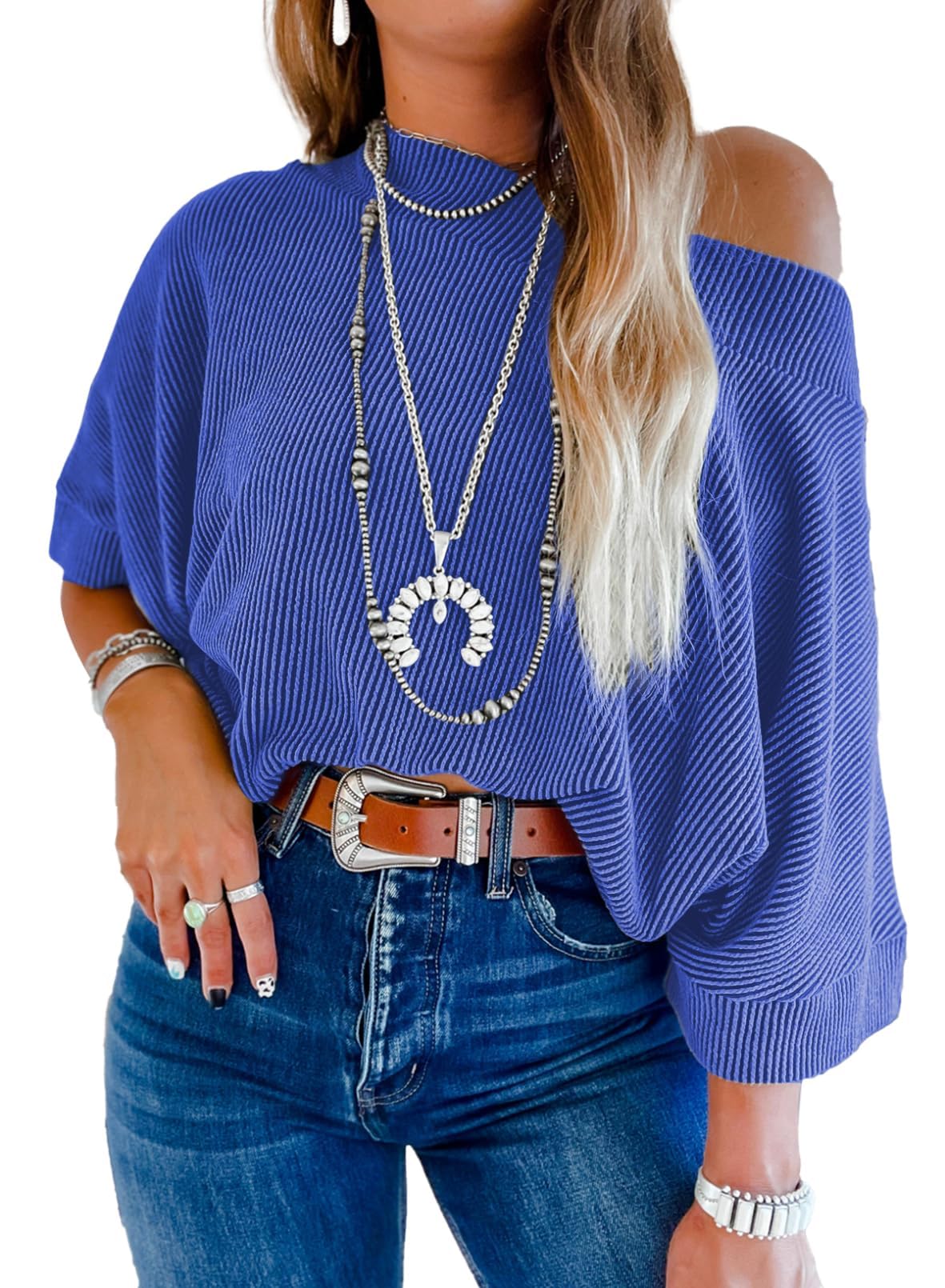 EVALESS Sexy Off The Shoulder Tops for Women 3/4 Length Sleeve Womens Tops Spring Summer 2026 Boat Neck One Shoulder Shirts