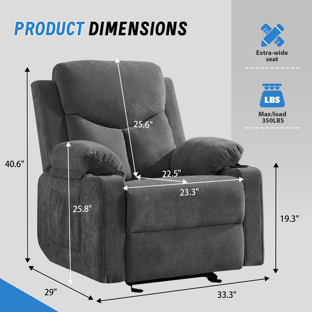 Manual Rocker Recliner Chair for Adults with Massage, Overstuffed Glider Rocking Chair with Cup Holders and Pockets for Living Room, Reclining Sofa Chair for Bedroom Nursery,Beige